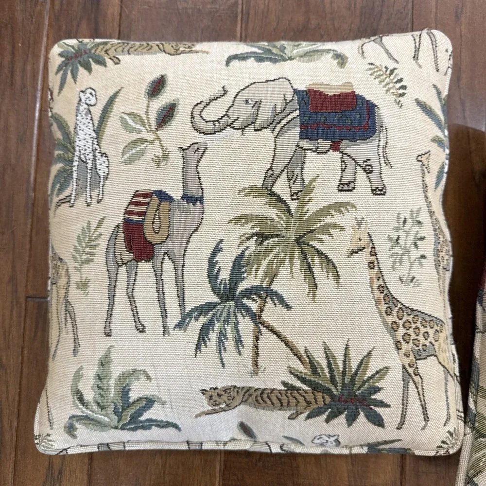 Vintage Needlepoint‎ Safari Pillow Set 2 Elephant Camel Giraffe Tiger Animal Art